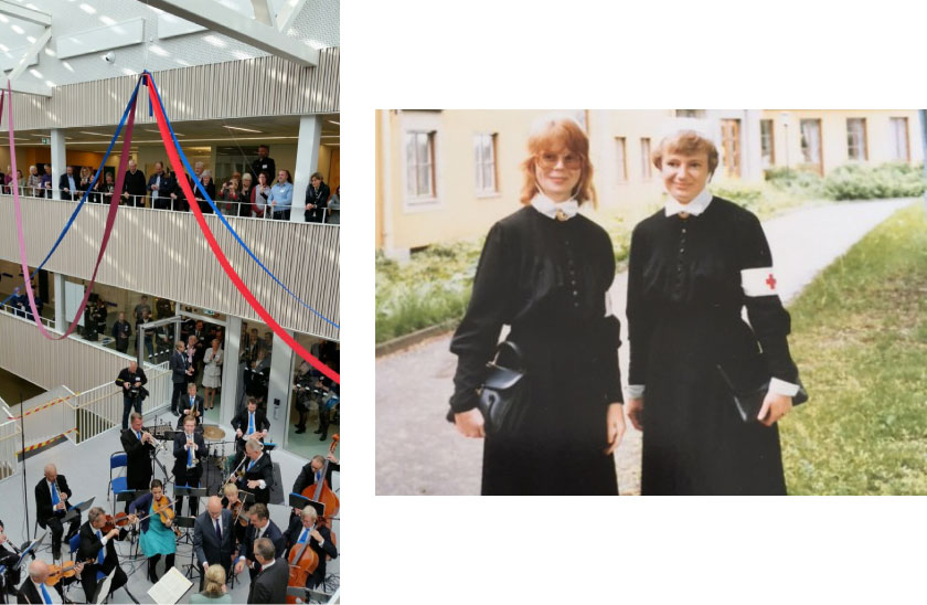 Collage med bild från invigning av en högskola och en äldre bild på två sjuksköterskor